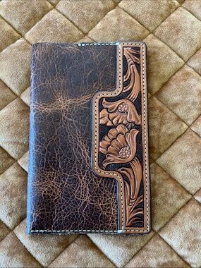 Brown Tooled Leather Floral Checkbook Cover - Handmade